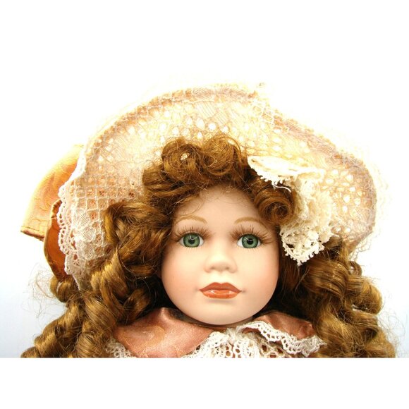 Collectors Choice 16" Porcelain Doll Victorian Style Pigtail Red Curls Dress Hat - Picture 3 of 11